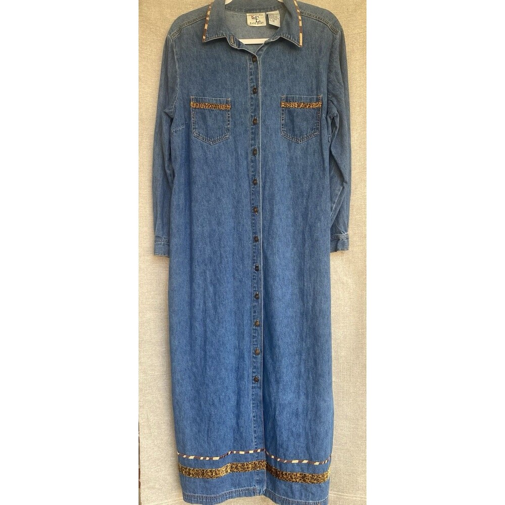 Vtg 90s Ease Sport Denim Maxi Shirt Dress 18w Blue Cotton Leopard Trim Western